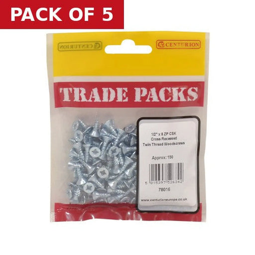 Centurion Pozi Twinthread Countersunk Woodscrews - Zinc Plated - 1/2" x 8 - - Pack of 5
