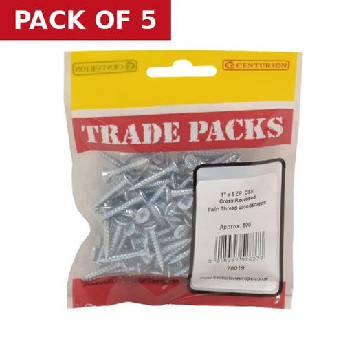Centurion Pozi Twinthread Countersunk Woodscrews - Zinc Plated - 1" x 8 - - Pack of 5