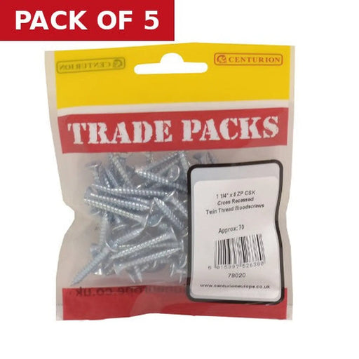 Centurion Pozi Twinthread Countersunk Woodscrews - Zinc Plated - 1 1/4" x 8 - - Pack of 5