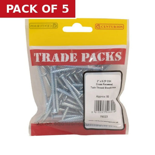 Centurion Pozi Twinthread Countersunk Woodscrews - Zinc Plated - 2" x 8 - (50 - Pack of 5