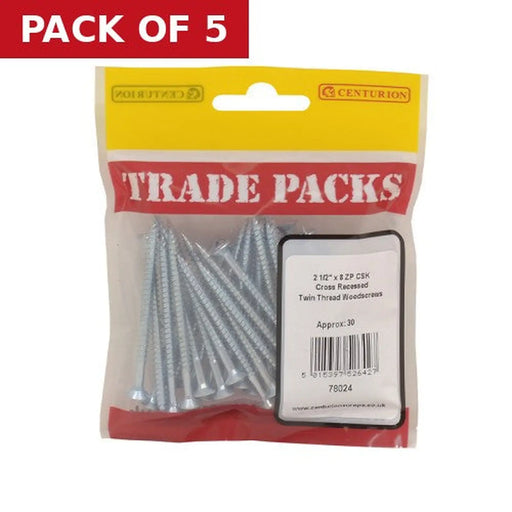 Centurion Pozi Twinthread Countersunk Woodscrews - Zinc Plated - 2 1/2" x 8 - - Pack of 5