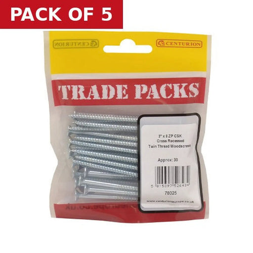 Centurion Pozi Twinthread Countersunk Woodscrews - Zinc Plated - 3" x 8 - (30 - Pack of 5