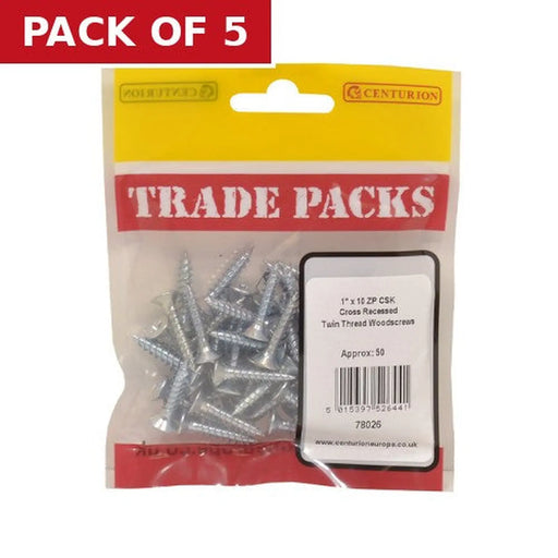 Centurion Pozi Twinthread Countersunk Woodscrews - Zinc Plated - 1" x 10 - - Pack of 5