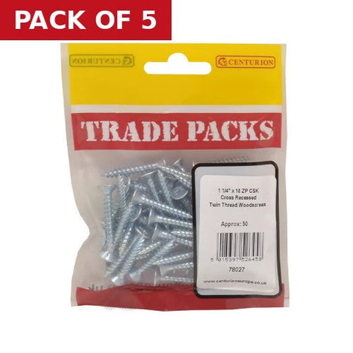 Centurion Pozi Twinthread Countersunk Woodscrews - Zinc Plated - 1 1/4" x 10 - Pack of 5