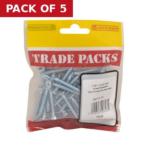 Centurion Pozi Twinthread Countersunk Woodscrews - Zinc Plated - 1 1/2" x 10 - Pack of 5