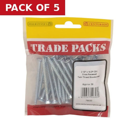 Centurion Pozi Twinthread Countersunk Woodscrews - Zinc Plated - 2 1/2" x 10 - Pack of 5