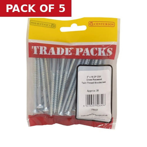 Centurion Pozi Twinthread Countersunk Woodscrews - Zinc Plated - 3" x 10 - - Pack of 5