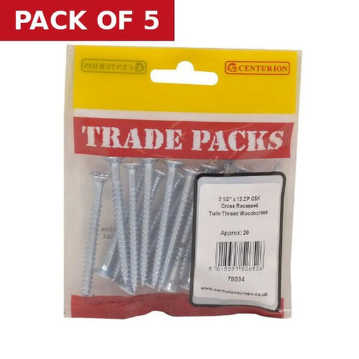 Centurion Pozi Twinthread Countersunk Woodscrews - Zinc Plated - 2 1/2" x 12 - Pack of 5