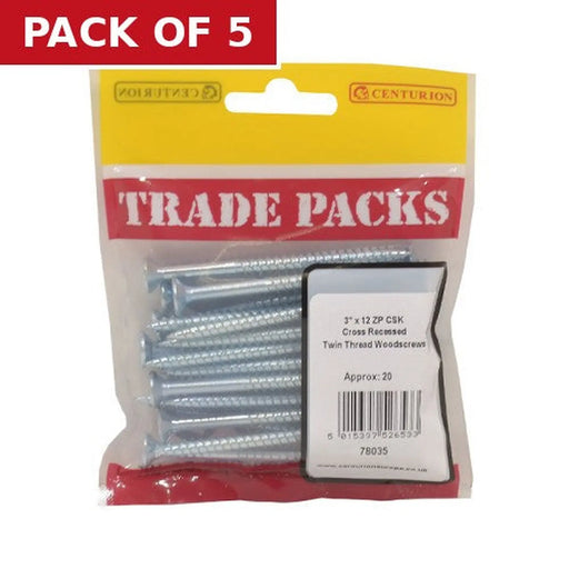 Centurion Pozi Twinthread Countersunk Woodscrews - Zinc Plated - 3" x 12 - - Pack of 5