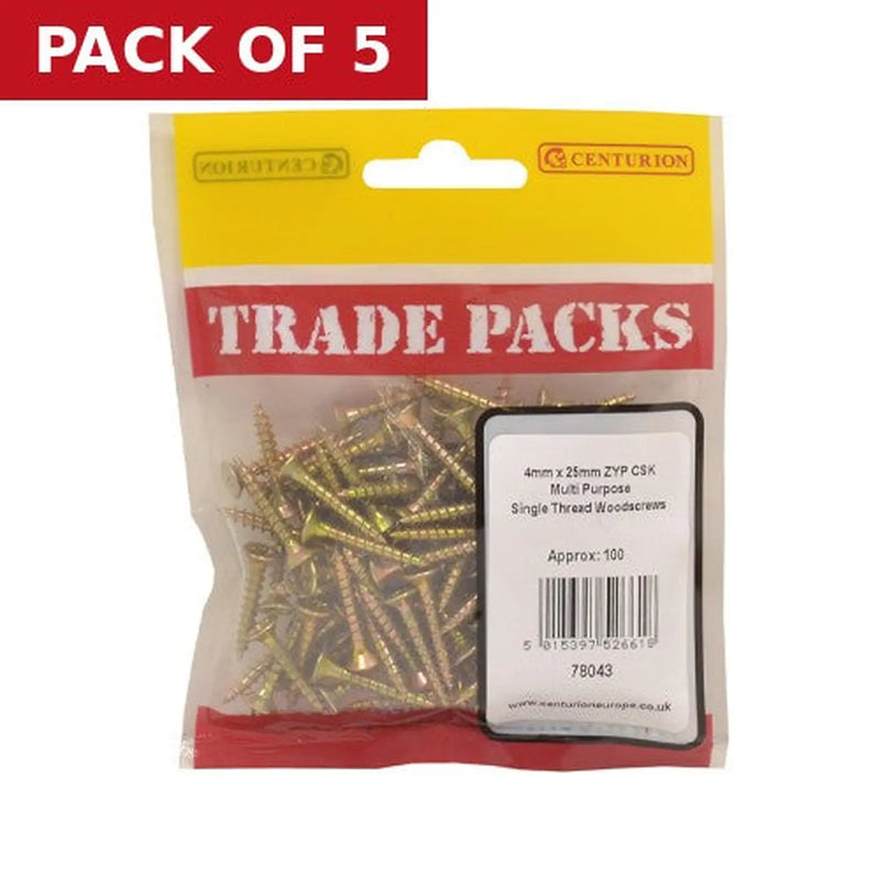 Centurion Pozi Multi Purpose Countersunk Woodscrews - Zinc Yellow Passivated - Pack of 5