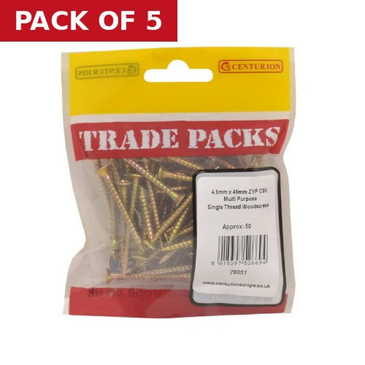 Centurion Pozi Multi Purpose Countersunk Woodscrews - Zinc Yellow Passivated - Pack of 5