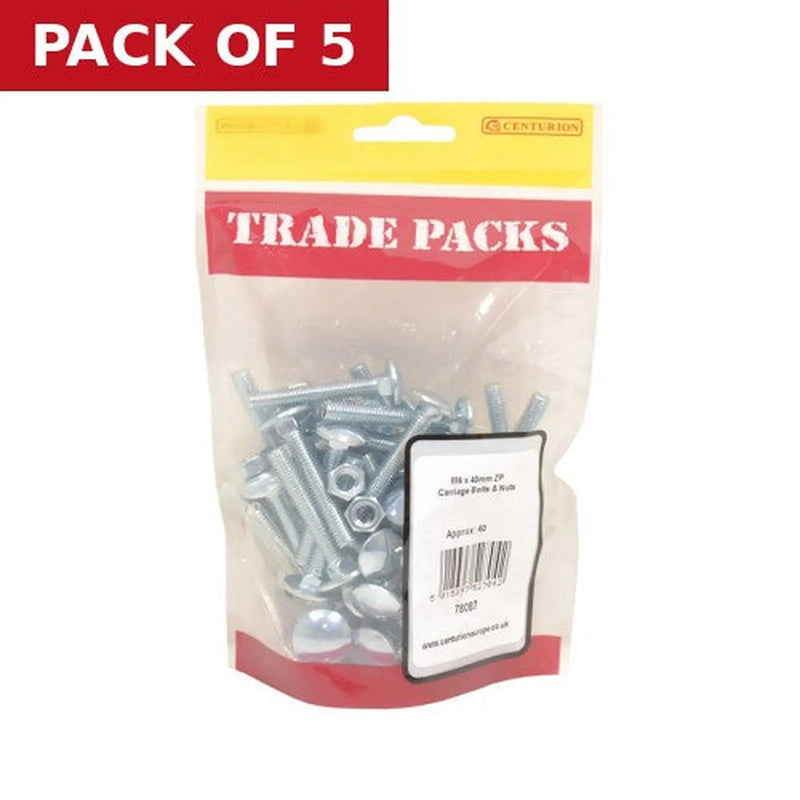 Centurion Cup Square Carriage Bolts & Nuts - Zinc Plated - M6 x 40mm - (40 PK) - Pack of 5