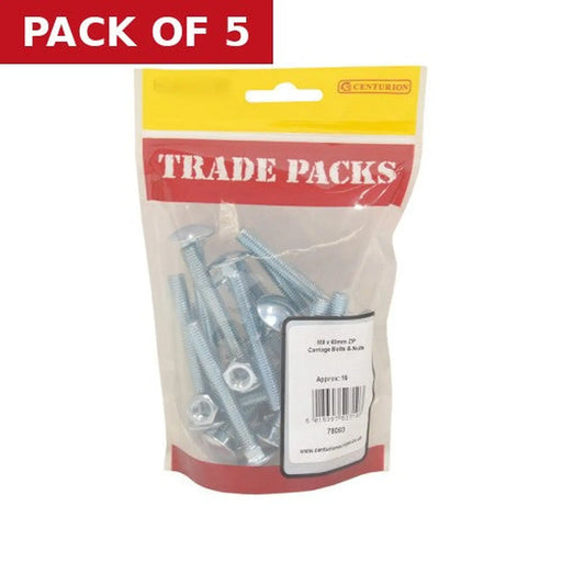 Centurion Cup Square Carriage Bolts & Nuts - Zinc Plated - M8 x 65mm - (16 PK) - Pack of 5