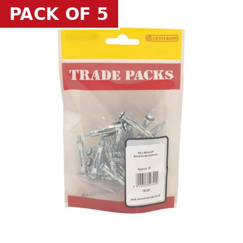 Centurion Blind Screw Anchors - Zinc Plated - M4 x 40mm - (25 PK) - Pack of 5