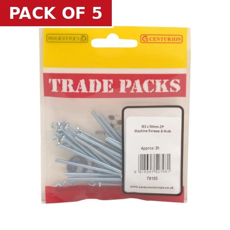 Centurion Machine Screws & Nuts - Zinc Plated - M3 x 50mm - (20 PK) - Pack of 5