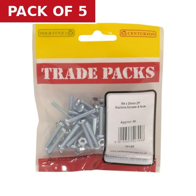 Centurion Machine Screws & Nuts - Zinc Plated - M4 x 25mm - (40 PK) - Pack of 5
