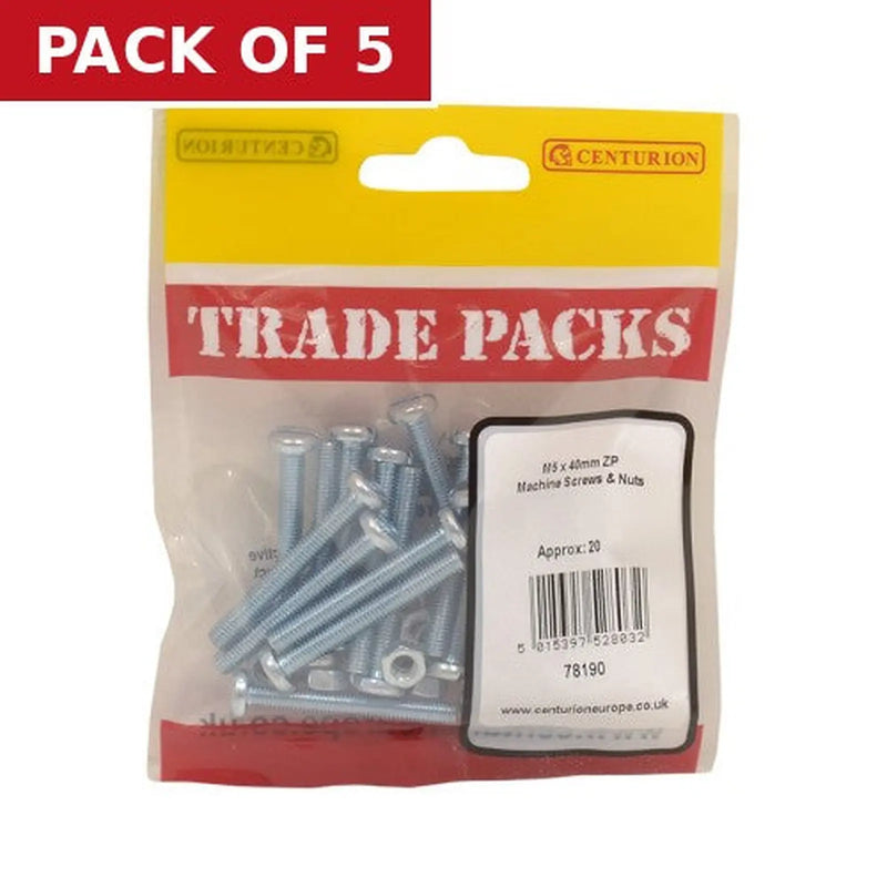 Centurion Machine Screws & Nuts - Zinc Plated - M5 x 40mm - (20 PK) - Pack of 5