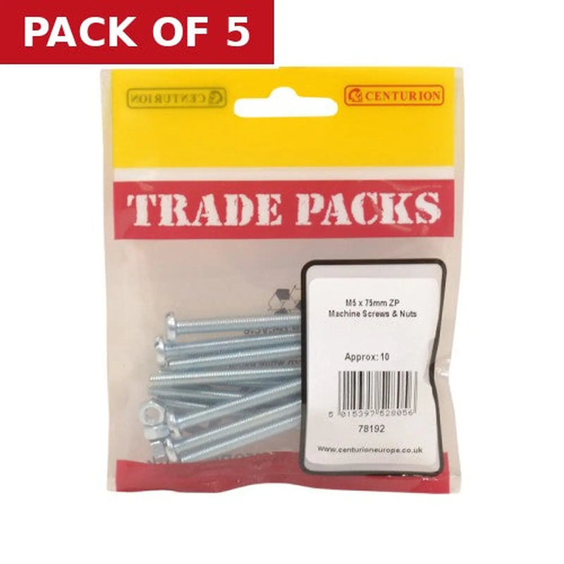 Centurion Machine Screws & Nuts - Zinc Plated - M5 x 75mm - (10 PK) - Pack of 5