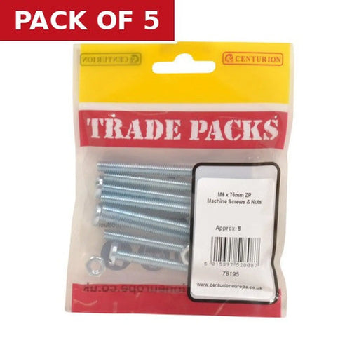 Centurion Machine Screws & Nuts - Zinc Plated - M6 x 75mm - (8 PK) - Pack of 5