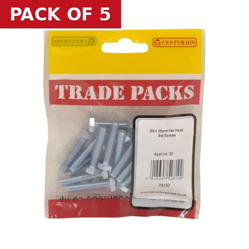 Centurion Hex Head Set Screws - Zinc Plated - M6 x 30mm - (20 PK) - Pack of 5