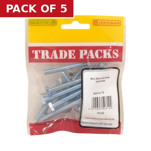 Centurion Hex Head Set Screws - Zinc Plated - M6 x 50mm - (12 PK) - Pack of 5