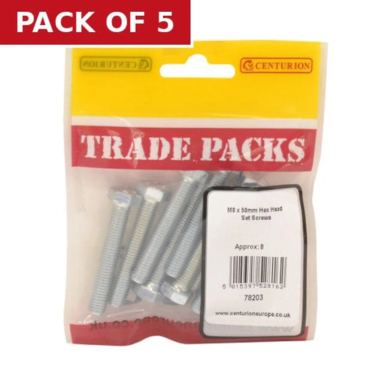 Centurion Hex Head Set Screws - Zinc Plated - M8 x 50mm - (8 PK) - Pack of 5