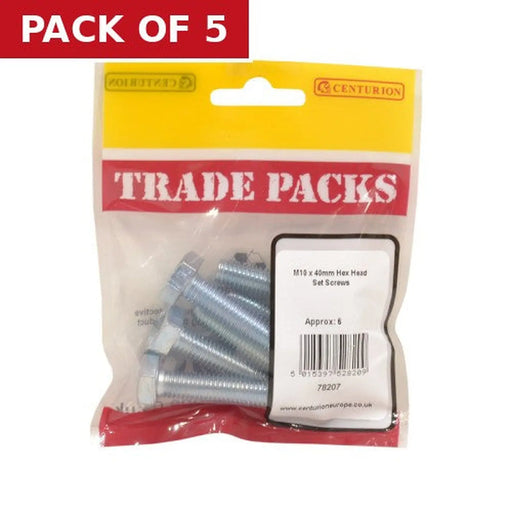 Centurion Hex Head Set Screws - Zinc Plated - M10 x 40mm - (6 PK) - Pack of 5