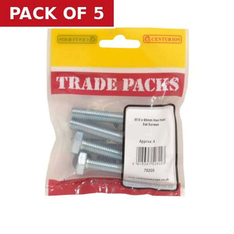 Centurion Hex Head Set Screws - Zinc Plated - M10 x 60mm - (4 PK) - Pack of 5