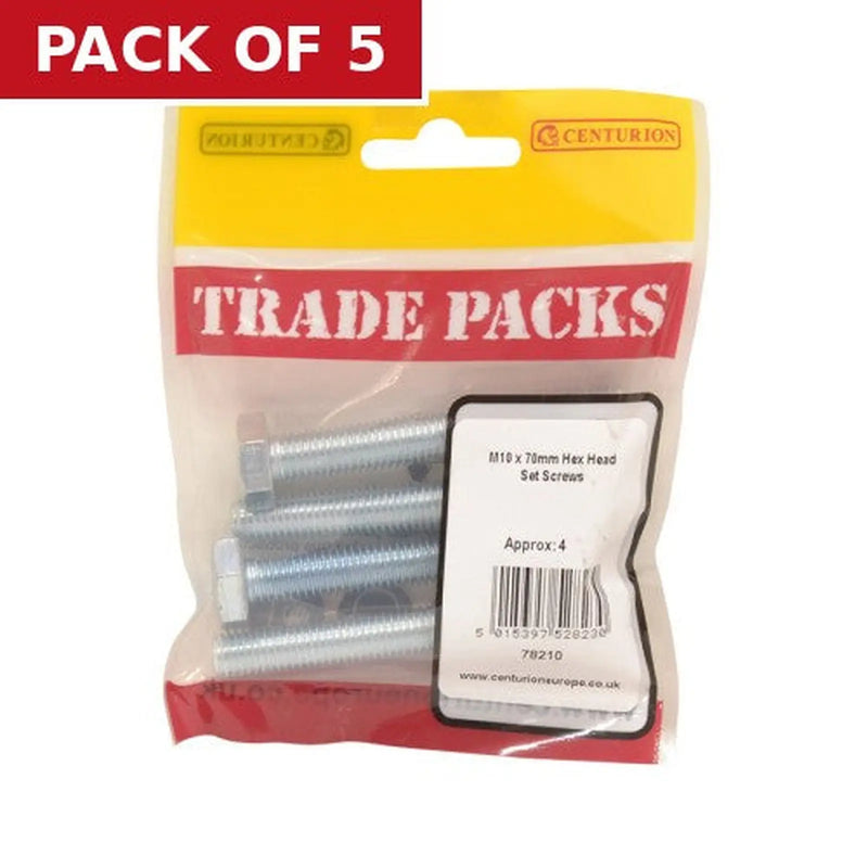 Centurion Hex Head Set Screws - Zinc Plated - M10 x 70mm - (4 PK) - Pack of 5