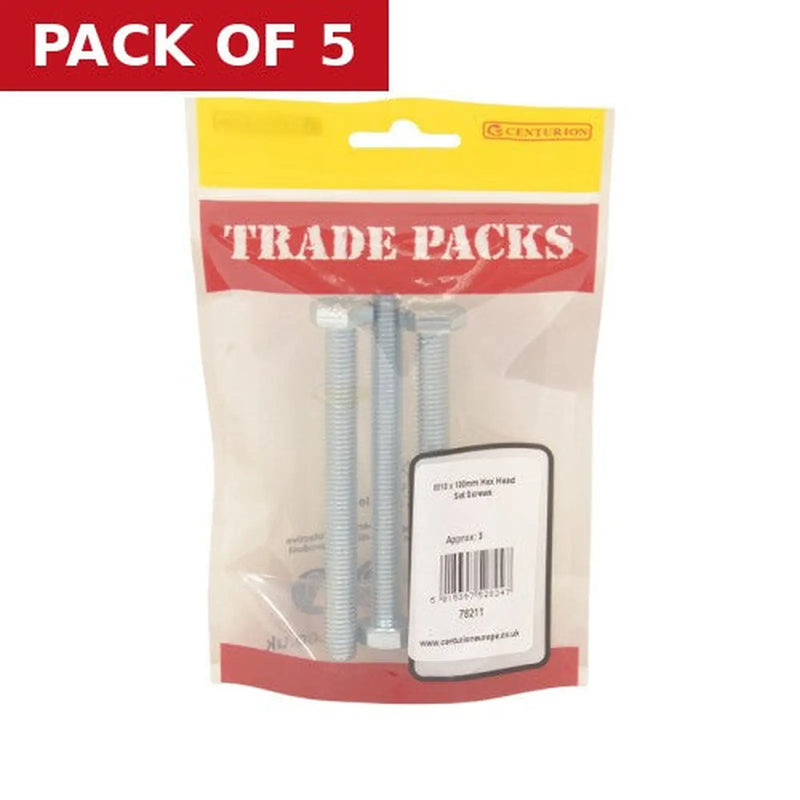 Centurion Hex Head Set Screws - Zinc Plated - M10 x 100mm - (3 PK) - Pack of 5