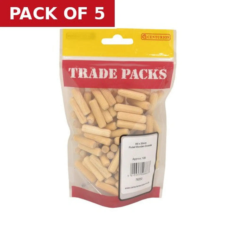 Centurion Fluted Wooden Dowels - M8 x 30mm - (120 PK) - Pack of 5