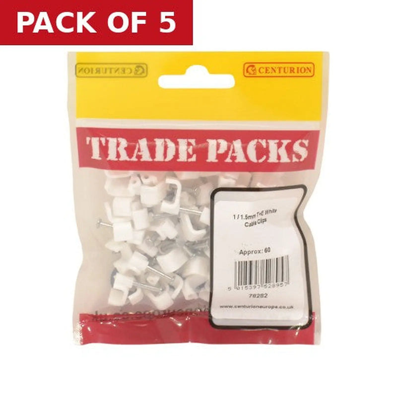 Centurion Flat Cable Clip - White - 1/1.5mm - (60 PK) - Pack of 5