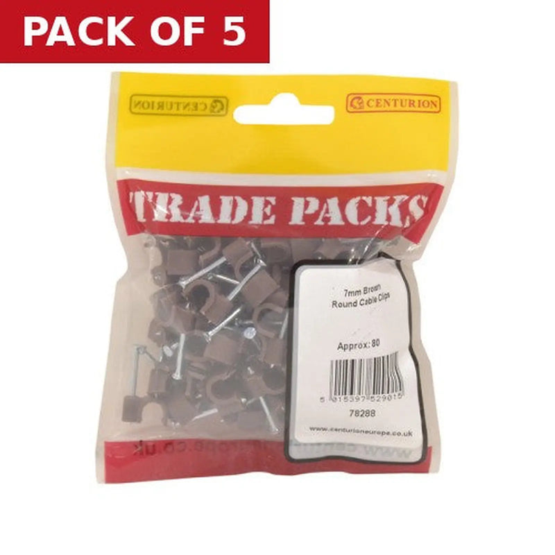 Centurion Round Cable Clips - Brown - 7mm - (80 PK) - Pack of 5