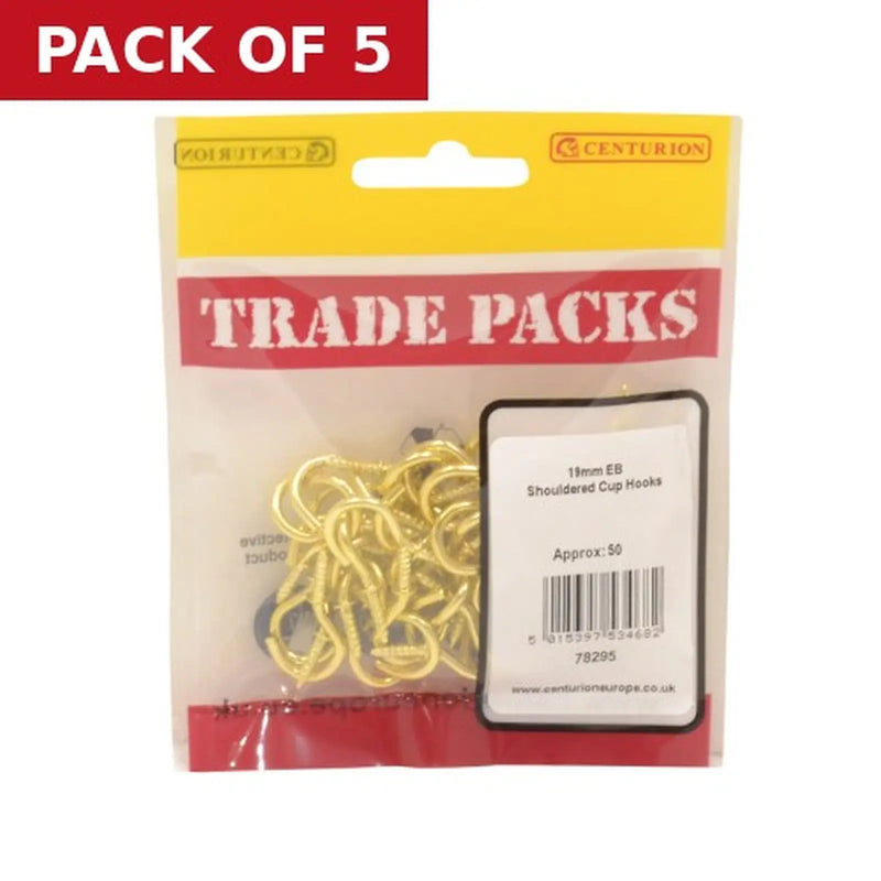 Centurion Shouldered Cup Hooks - Brass - 19mm - (50 PK) - Pack of 5
