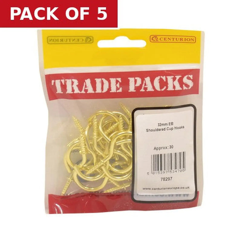 Centurion Shouldered Cup Hooks - Brass - 32mm - (30 PK) - Pack of 5