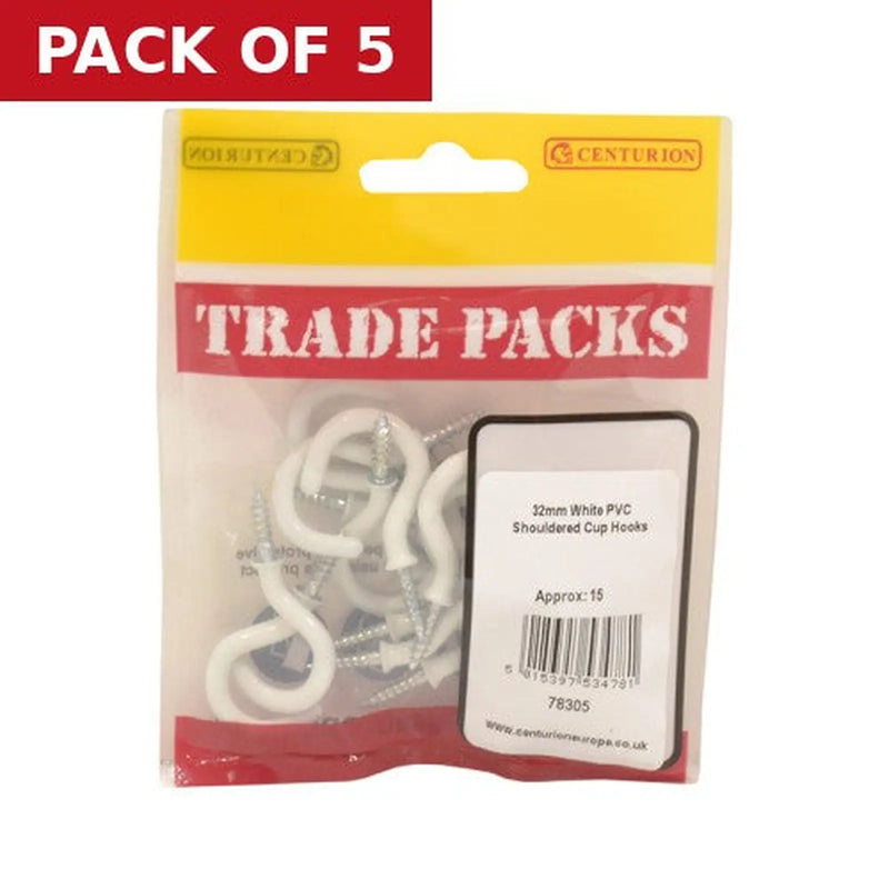 Centurion Shouldered Cup Hooks - White PVC - 32mm - (15 PK) - Pack of 5