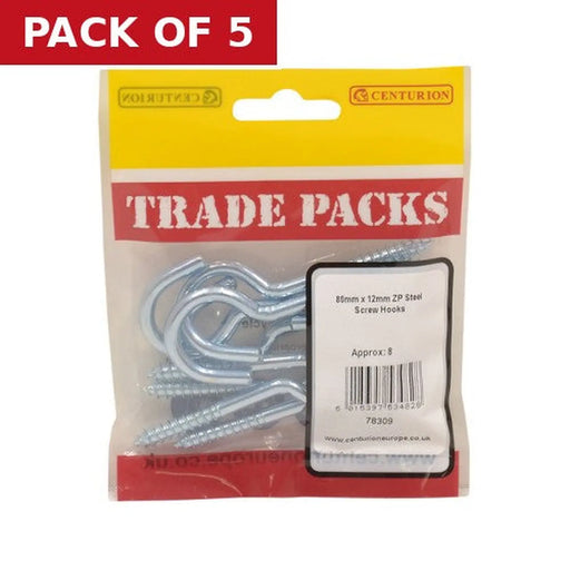 Centurion Steel Screw Hooks - Zinc Plated - 80mm x 12mm - (8 PK) - Pack of 5