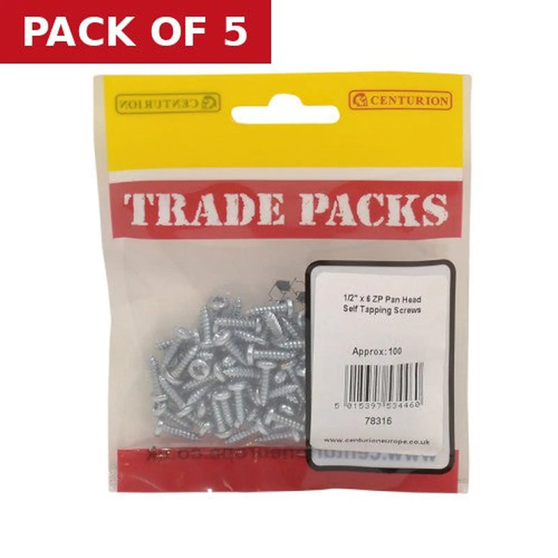 Centurion Pan Head Self Tapping Screws - Zinc Plated - 1/2" x 6 - (100 PK) - Pack of 5