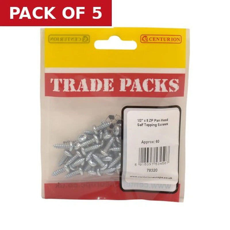 Centurion Pan Head Self Tapping Screws - Zinc Plated - 1/2" x 8 - (60 PK) - Pack of 5