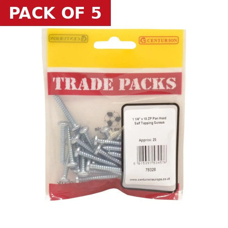 Centurion Pan Head Self Tapping Screws - Zinc Plated - 1 1/4" x 10 - (25 PK) - Pack of 5