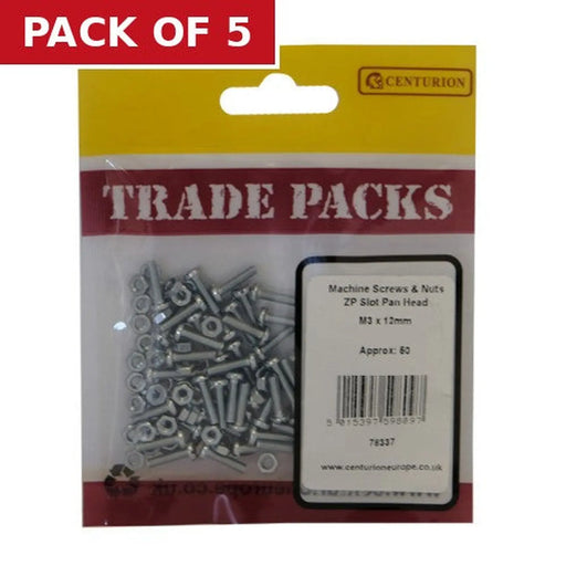 Centurion Machine Screws & Nuts - Zinc Plated - Slot Pan Head - M3 x 12mm - - Pack of 5