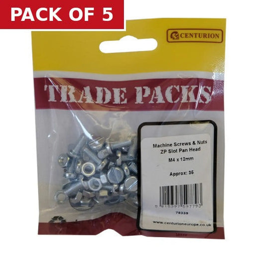 Centurion Machine Screws & Nuts - Zinc Plated - Slot Pan Head  - M4 x 12mm - - Pack of 5