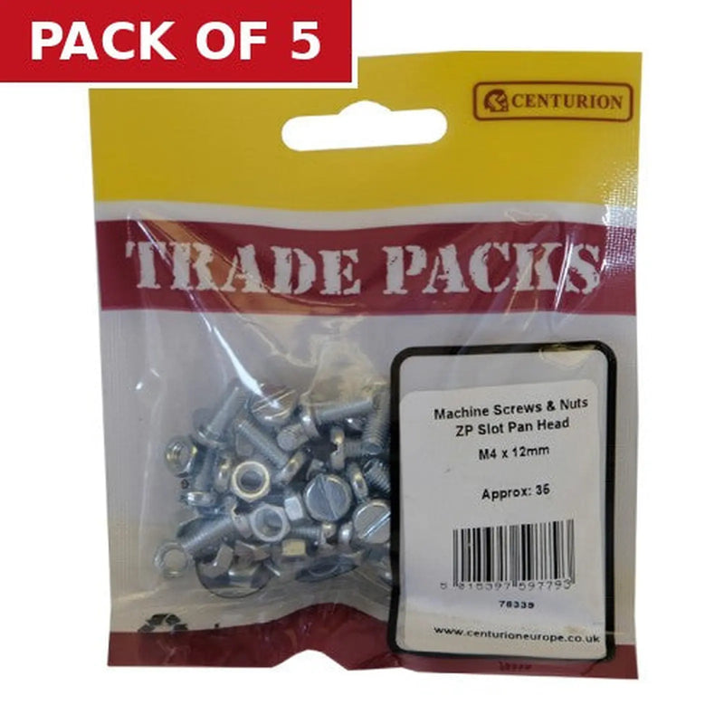 Centurion Machine Screws & Nuts - Zinc Plated - Slot Pan Head  - M4 x 12mm - - Pack of 5