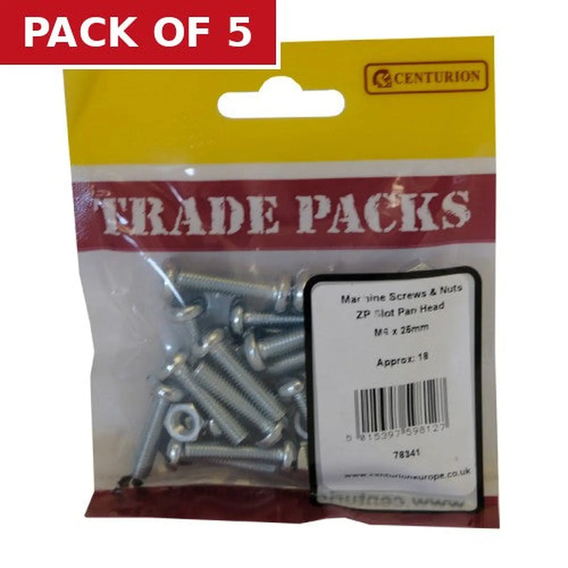 Centurion Machine Screws & Nuts - Zinc Plated - Slot Pan Head - M6 x 25mm - - Pack of 5