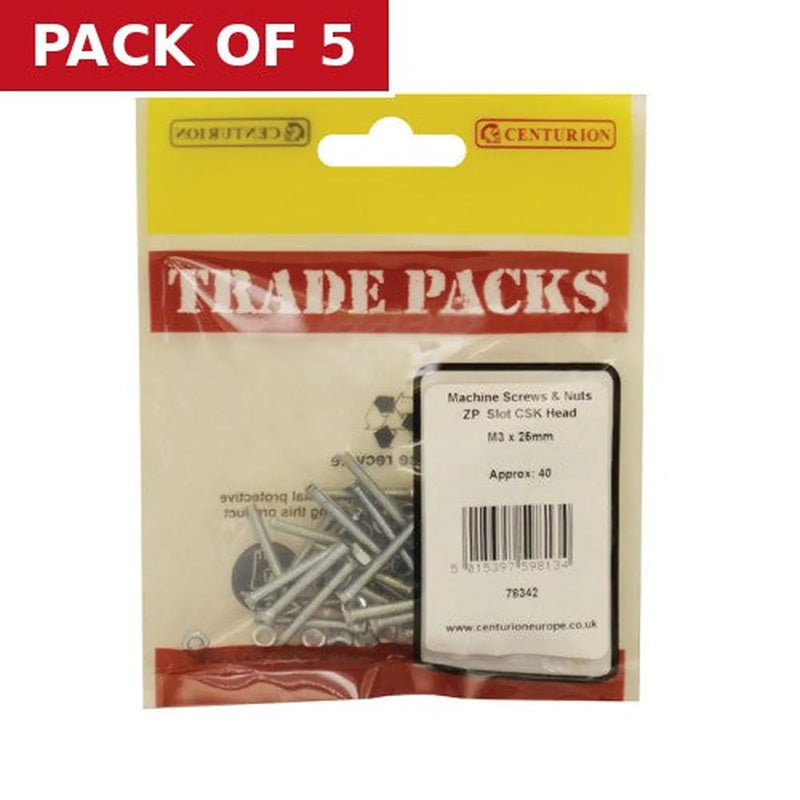 Centurion Machine Screws & Nuts - Zinc Plated - Slot CSK Head - M3 x 25mm - - Pack of 5