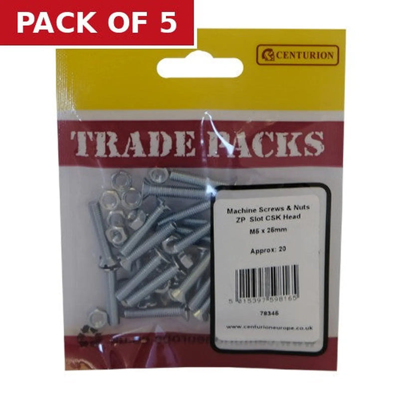Centurion Machine Screws & Nuts - Zinc Plated - Slot CSK Head - M5 x 25mm - - Pack of 5