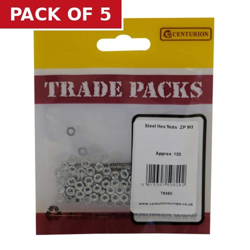 Centurion Steel Hex Nuts - Zinc Plated - M3 - (100 PK) - Pack of 5