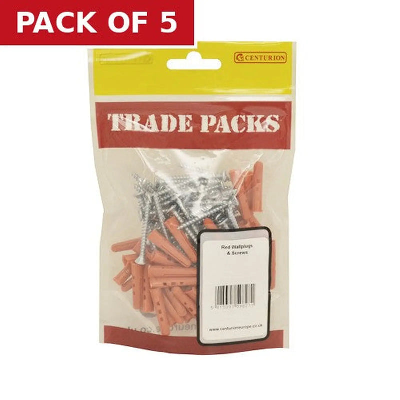 Centurion Red Wallplugs & Screws - (100PK) - Pack of 5