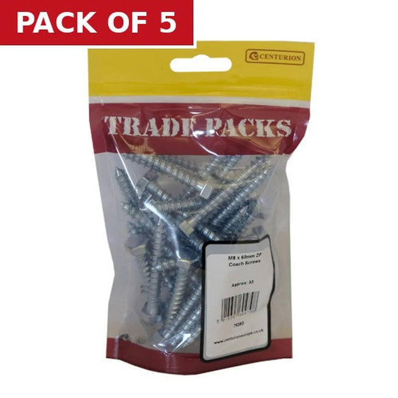 Centurion Coach Screws - M8 x 60mm - Zinc Plated - Packs of 30 - Pack of 5