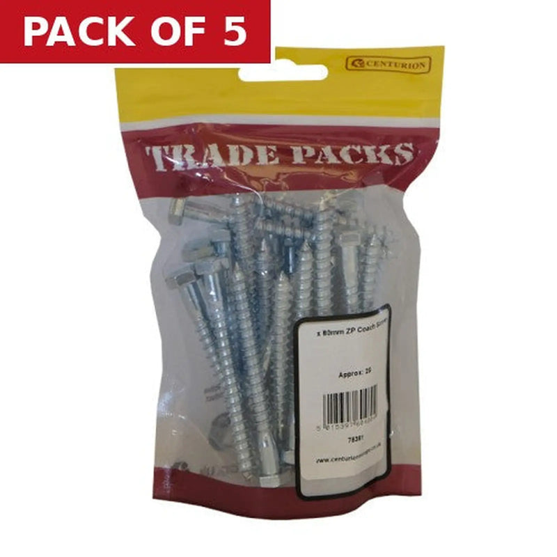 Centurion Coach Screws M8 x 80mm - Zinc Plated - Packs of 25 - Pack of 5